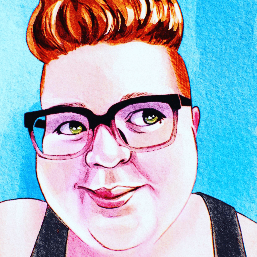 Self portrait of Ruby Ball—a round-faced young-looking white woman with red hair cropped very tightly on the sides and a couple of inches long on top, wearing square black-rimmed glasses.